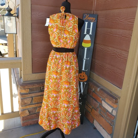 NWT Willow Root Floral Orange Midi Cutout Dress Size Large 9/10 - Picture 4 of 16